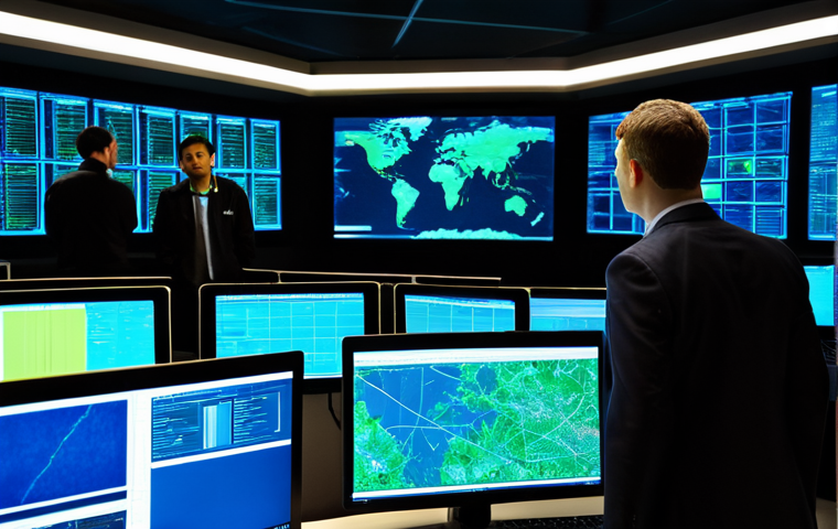 A group of diverse professional cyber security analysts, fully clothed in modern business attire, collaborating in a state-of-the-art secure operations center. They are focused on large, luminous screens displaying complex network infrastructure maps and real-time data analytics. The environment is sleek, futuristic, and highly organized, with ambient blue and green lighting from the monitors. There are no exposed wires or clutter. safe for work, appropriate content, fully clothed, professional, perfect anatomy, correct proportions, natural pose, well-formed hands, proper finger count, natural body proportions, professional photography, high quality, highly detailed, realistic.