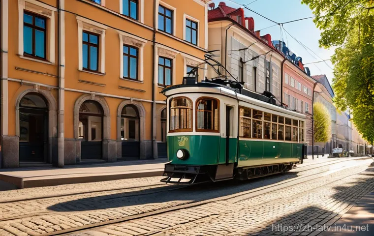 라트비아 유럽 내 교통편 - Image Prompt 1: Riga's Retro Tram Ride**