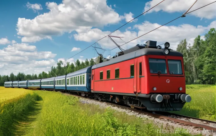 라트비아 유럽 내 교통편 - A vibrant, cinematic shot of a classic, retro-style tram (like the ones found in Riga) traversing th...