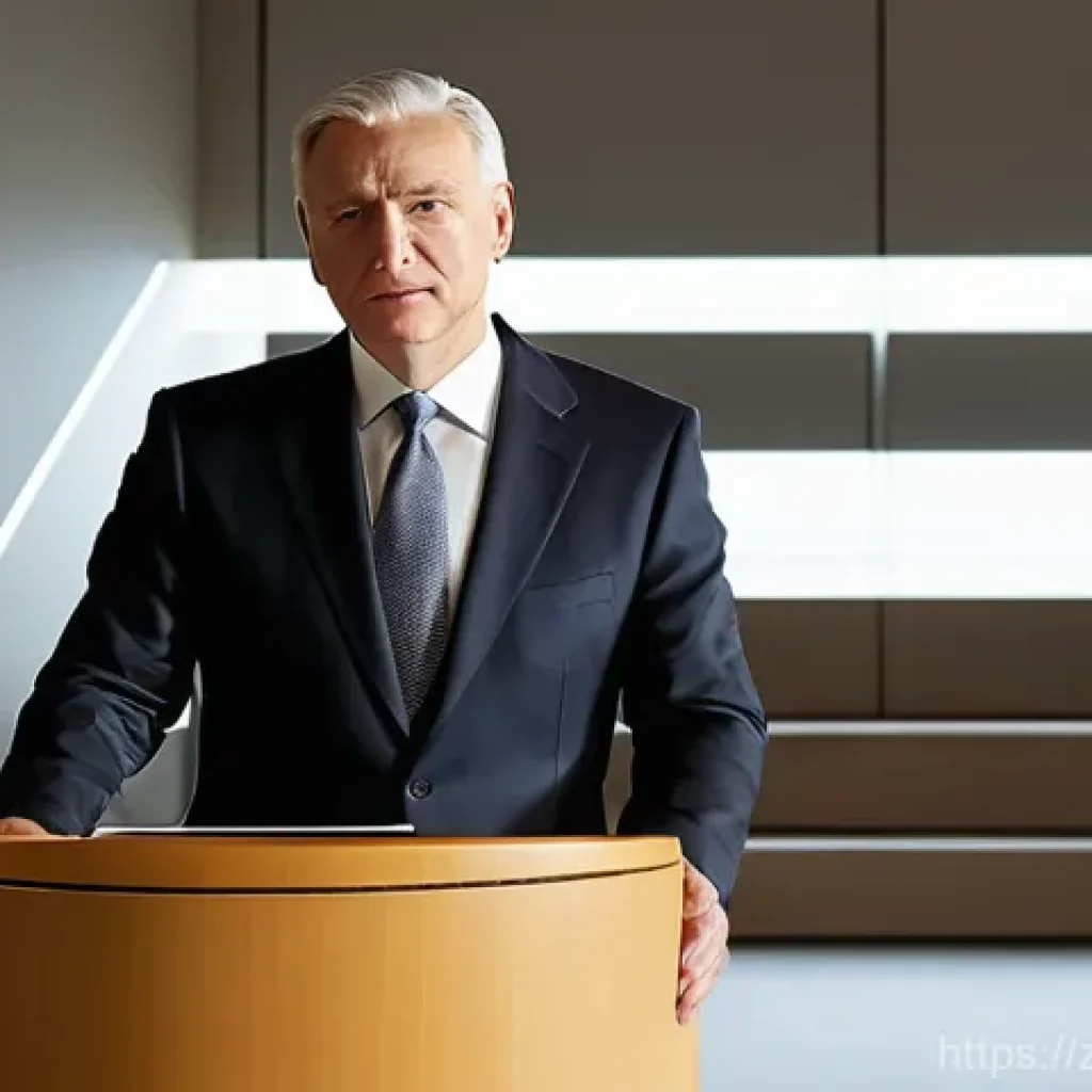 라트비아 출신 정치인 - **Prompt:** A dignified male leader, in his late 40s to early 50s, standing confidently at a minimal...