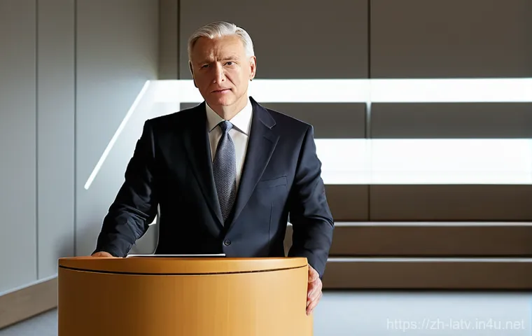 라트비아 출신 정치인 - **Prompt:** A dignified male leader, in his late 40s to early 50s, standing confidently at a minimal...