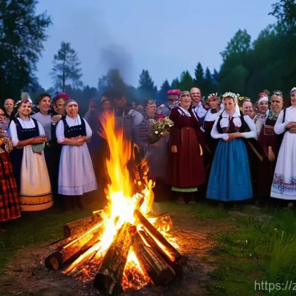라트비아 축제 일정 - **Latvian Midsummer Night's Bonfire Celebration:** A vibrant, festive scene set at dusk in the Latvi...