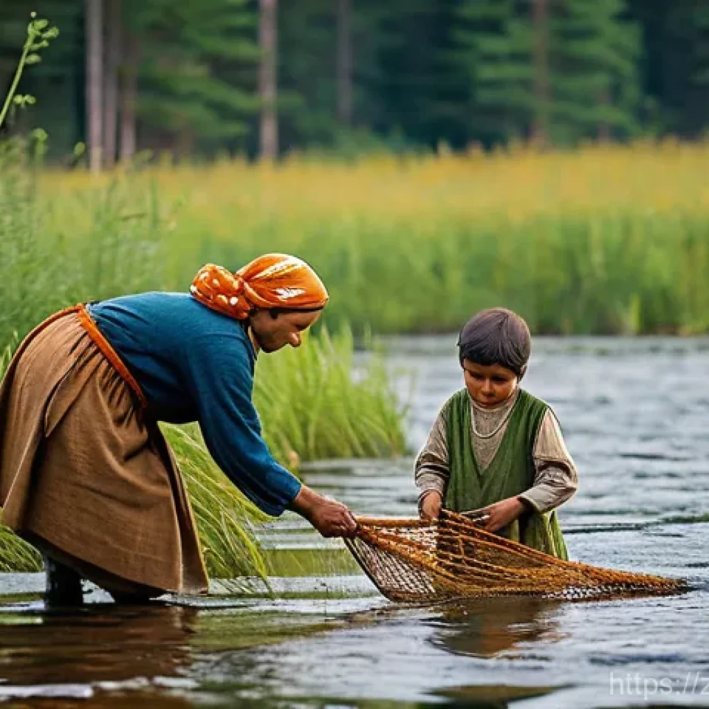 라트비아 역사 개요 - Early Baltic Tribes on the Coast**

"A serene and detailed scene depicting a small group of ancient ...