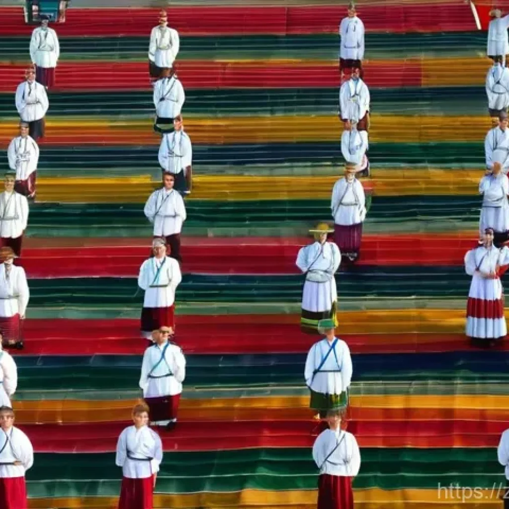 라트비아 전통 춤 - **Prompt 1: Grand Latvian Song and Dance Festival**
    An aerial shot of a massive open-air stadium...