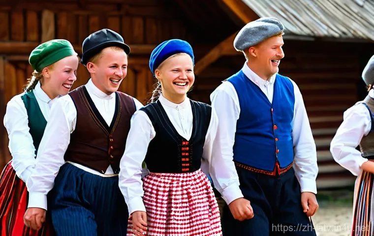 라트비아 전통 춤 - **Prompt 2: Midsummer Jāņi Day Celebration**
    A festive twilight scene by a large, glowing bonfir...