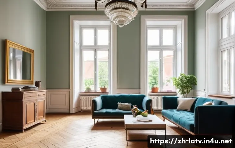 라트비아 주택 시장 - **Prompt:** "A bright and airy living room in a renovated historical building in Riga, Latvia. Sunli...