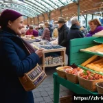 라트비아 수도 리가 생활비 - **Prompt:** A vibrant, bustling scene inside Riga's Central Market. The image focuses on a section a...