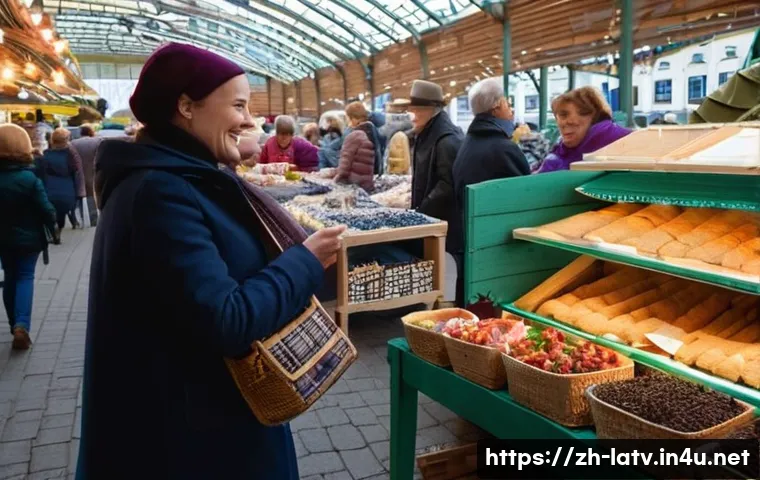라트비아 수도 리가 생활비 - **Prompt:** A vibrant, bustling scene inside Riga's Central Market. The image focuses on a section a...