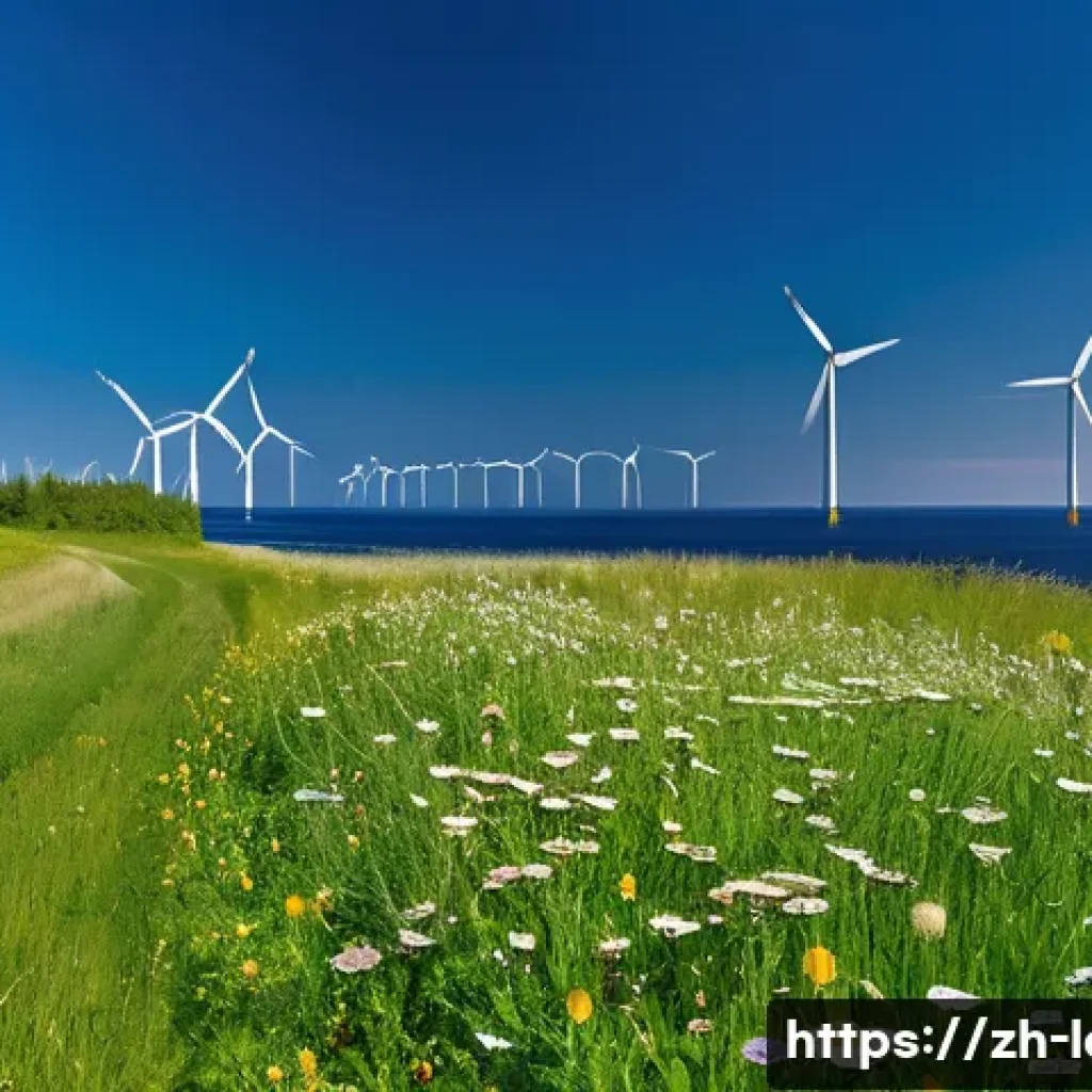 라트비아 환경 보호 정책 - A panoramic coastal wind farm in Latvia during a bright, clear day, featuring multiple modern white ...