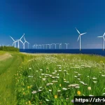 라트비아 환경 보호 정책 - A panoramic coastal wind farm in Latvia during a bright, clear day, featuring multiple modern white ...