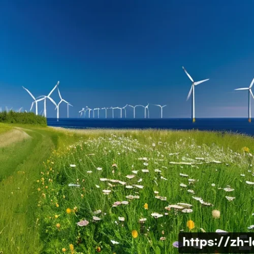 라트비아 환경 보호 정책 - A panoramic coastal wind farm in Latvia during a bright, clear day, featuring multiple modern white ...