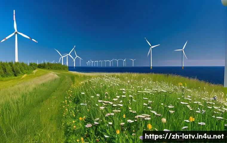 라트비아 환경 보호 정책 - A panoramic coastal wind farm in Latvia during a bright, clear day, featuring multiple modern white ...