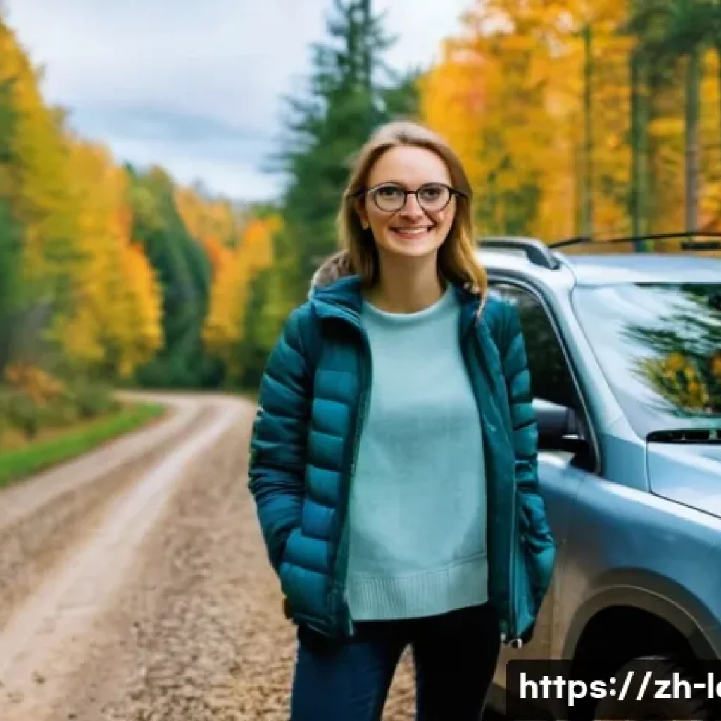라트비아 렌터카 이용법 - A modern SUV parked on a narrow rural gravel road in Latvia during autumn, surrounded by dense fores...