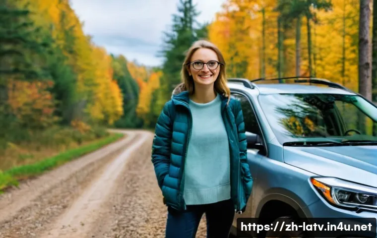 라트비아 렌터카 이용법 - A modern SUV parked on a narrow rural gravel road in Latvia during autumn, surrounded by dense fores...