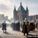 라트비아 발트 3국 역사 - A detailed medieval scene featuring Teutonic knights in full armor standing near a grand stone castl...