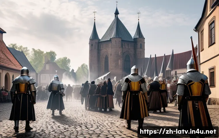 라트비아 발트 3국 역사 - A detailed medieval scene featuring Teutonic knights in full armor standing near a grand stone castl...