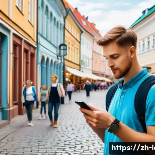 라트비아에서 주의해야 할 사기 유형 - A busy urban street scene in Riga, Latvia, featuring a cautious tourist with casual clothing and a b...