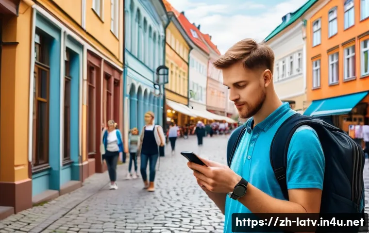 라트비아에서 주의해야 할 사기 유형 - A busy urban street scene in Riga, Latvia, featuring a cautious tourist with casual clothing and a b...