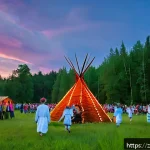 라트비아 소련 점령기 - A vibrant scene of the Latvian midsummer celebration Jāņi in a lush green countryside setting, with ...