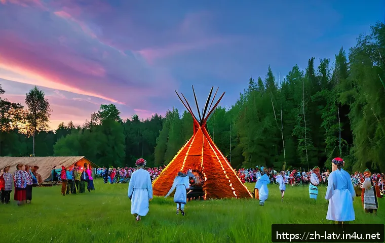 라트비아 소련 점령기 - A vibrant scene of the Latvian midsummer celebration Jāņi in a lush green countryside setting, with ...