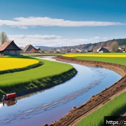 라트비아 사계절 특징 - A vibrant Latvian spring countryside scene showing farmers preparing fields for sowing under a clear...
