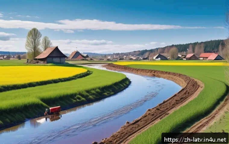 라트비아 사계절 특징 - A vibrant Latvian spring countryside scene showing farmers preparing fields for sowing under a clear...