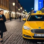 라트비아 택시 요금 - A modern Riga city street scene at night showcasing a clean, well-maintained taxi with a clear compa...