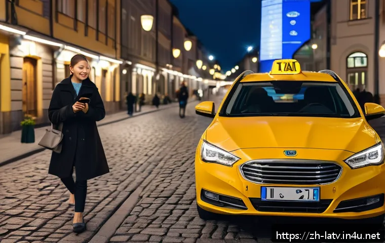 라트비아 택시 요금 - A modern Riga city street scene at night showcasing a clean, well-maintained taxi with a clear compa...
