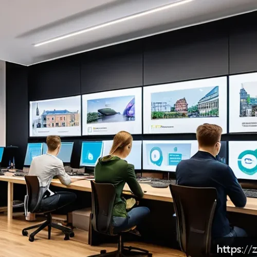 라트비아 산업 구조 - A vibrant startup ecosystem scene in Riga, Latvia, showing a modern co-working space filled with you...