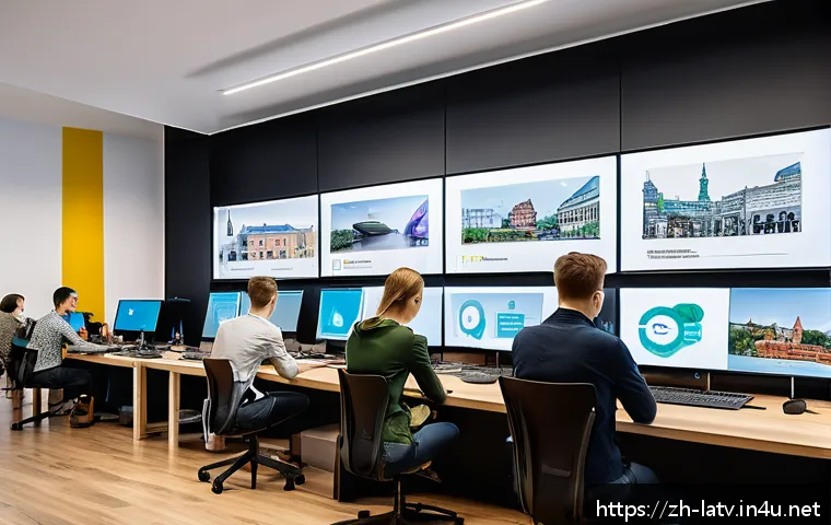 라트비아 산업 구조 - A vibrant startup ecosystem scene in Riga, Latvia, showing a modern co-working space filled with you...