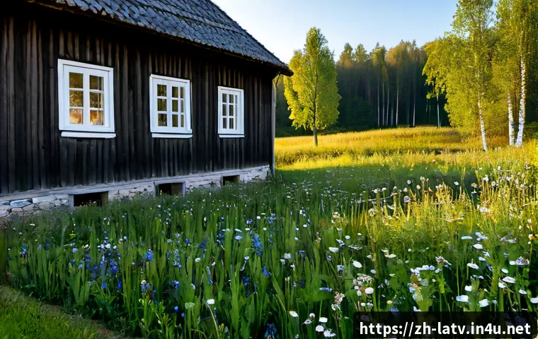 라트비아 목조 건축 - Photorealistic wide-angle view of a traditional Latvian wooden farmhouse in the countryside, dark we...